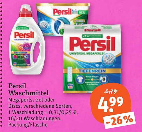 Persil Waschmittel Megapersls, Gel oder Discs, verschiedene Sorten, 1 Waschladung = 0,31/0,25 €, 16/20 Waschladungen, Packung/Flasche