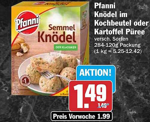 Pfanni Knödel im Kochbeutel oder Kartoffel Püree versch. Sorten 284-1200g Packung (1 kg = 5.25-12.42)