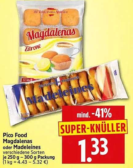 Pico Food Magdalenas oder Madeleines verschiedene Sorten je 250 g – 300 g Packung (1 kg = 4.43 – 5.32 €)