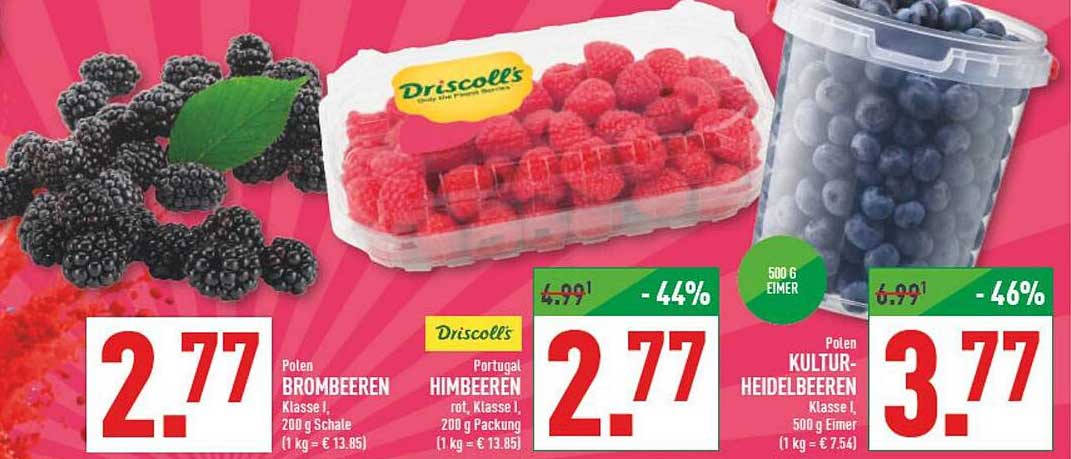 Polen BROMBEEREN Klasse I, 200 g Schale (1 kg = € 13.85) Portugal HIMBEEREN rot, Klasse I, 200 g Packung (1 kg = € 13.85)