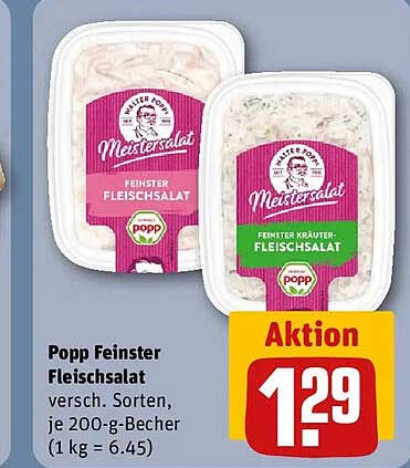 Popp Feiner Fleischsalat versch. Sorten, je 200-g-Becher (1 kg = 6.45)