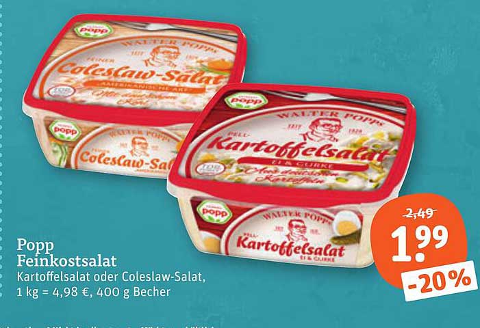Popp Feinkostsalat Kartoffelsalat oder Coleslaw-Salat, 400 g Becher