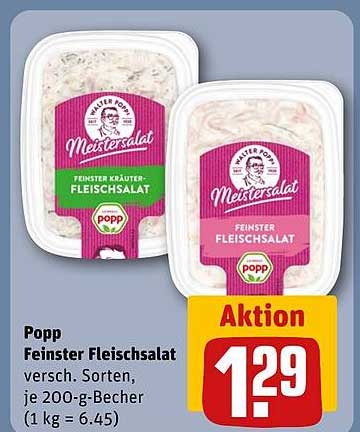 Popp Feinster Fleischsalat versch. Sorten, je 200-g-Becher (1 kg = 6.45)