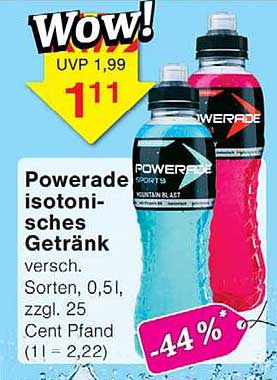 Powerade isotonisches Getränk versch. Sorten, 0,5 l, zzgl. 25 Cent Pfand (1 l = 2,22)