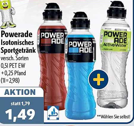Powerade Isotonisches Sportgetränk versch. Sorten 0,5 l PET EW + 0,25 Pfand (1l=2,98)