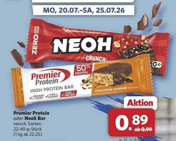 Premier Protein oder Neoh Bar verschied. Sorten 22-40-g-Stück (1 kg ab 22.25)