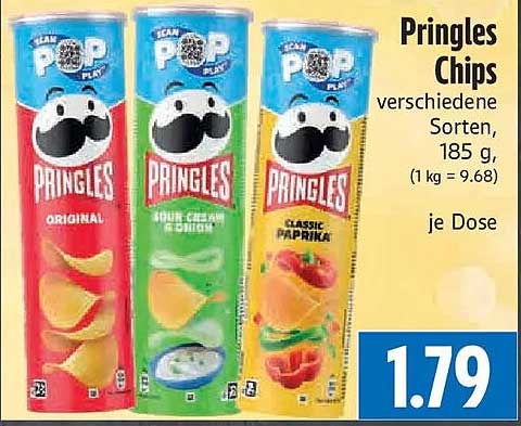 Pringles Chips verschiedene Sorten, 185 g (1 kg = 9.68) je Dose