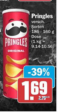 Pringles versch. Sorten 185 - 160 g Dose (1 kg = 9.14-10.56)