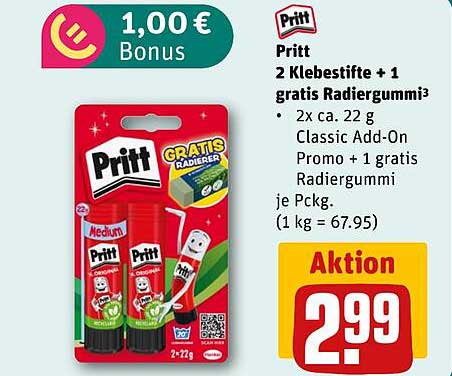 Pritt 2 Klebestifte + 1 gratis Radiergummi