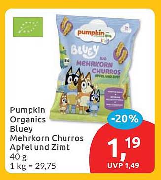 Pumpkin Organics Bluey Mehrkorn Churros Apfel und Zimt 40 g