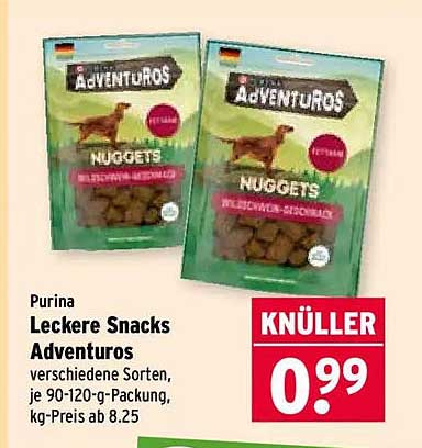 Purina Leckere Snacks Adventuros verschiedene Sorten, je 90-120-g-Packung, kg-Preis ab 8.25