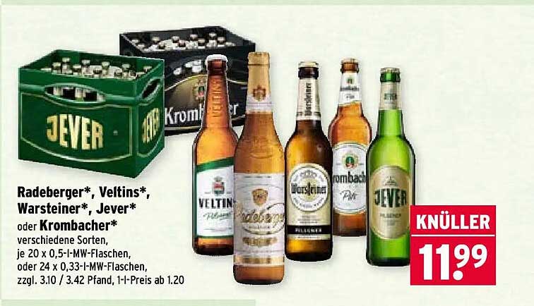 Radeberger*, Veltins*, Warsteiner*, Jever* oder Krombacher* verschiedene Sorten, je 20 x 0,5-l-MW-Flaschen, oder 24 x 0,33-l-MW-Flaschen, zzgl. 3.10 / 3.42 Pfand, 1-l-Preis ab 1.20