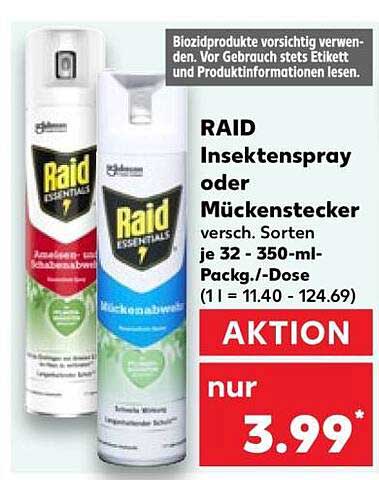 RAID Insektenspray oder Mückenstecker versch. Sorten je 32-350-ml-Packg./-Dose (1 l = 11.40 - 124.69)