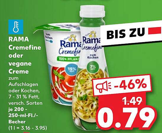 RAMA Cremefine oder vegane Creme zum Aufschlagen oder Kochen, 7 - 31% Fett, versch. Sorten je 200 - 250-ml-Fl./-Becher