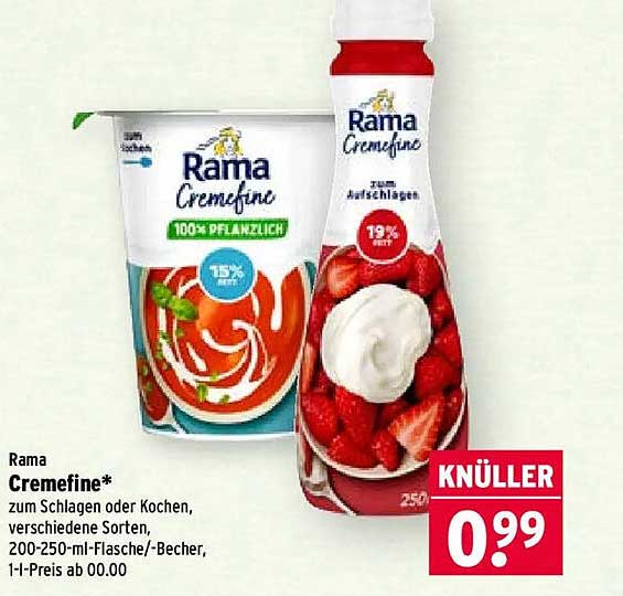 Rama Cremefine* zum Schlagen oder Kochen, verschiedene Sorten, 200-250-ml-Flasche/-Becher, 1-1-Preis ab 00.00