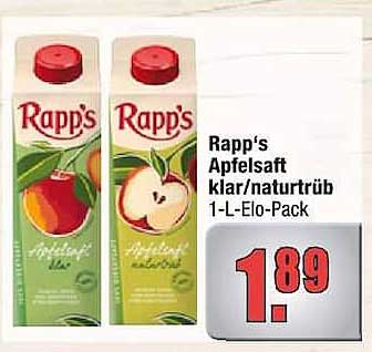 Rapp's Apfelsaft klar/naturtrüb 1-L-Elo-Pack