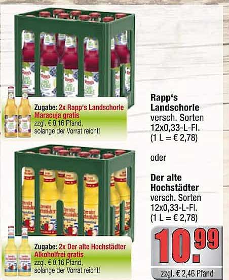 Rapp's Landschorle versch. Sorten 12x0,33-L-Fl. (1 L = € 2,78) oder Der alte Hochstädter versch. Sorten 12x0,33-L-Fl. (1 L = € 2,78)