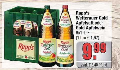 Rapp's Wetterauer Gold Apfelsaft oder Gold Apfelwein 6x1-L-FL. (1 L = € 1,67)