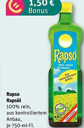 Rapso Rapsöl 100% rein, aus kontrolliertem Anbau, je 750-ml-Fl.