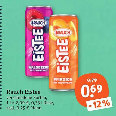 Rauch Eistee verschiedene Sorten, 1 l = 2,09 €, 0,33 l, zzgl. 0,25 € Pfand