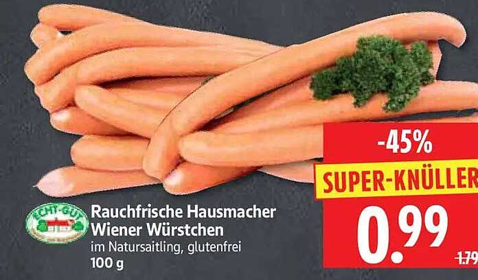 Rauchfrische Hausmacher Wiener Würstchen im Naturdarm, glutenfrei 100 g