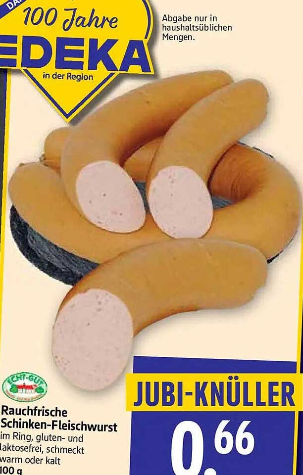 Rauchfrische Schinken-Fleischwurst im Ring, gluten- und laktosefrei, schmeckt warm oder kalt 100 g