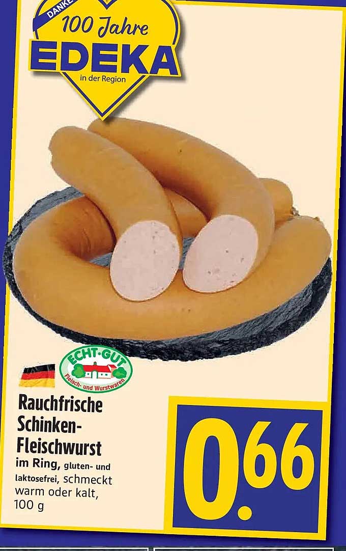 Rauchfrische Schinken-Fleischwurst im Ring, gluten- und laktosefrei, schmeckt warm oder kalt, 100 g