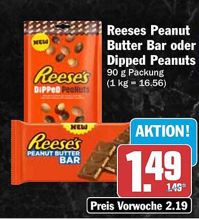 Reeses Peanut Butter Bar oder Dipped Peanuts 90 g Packung (1 kg = 16.56)