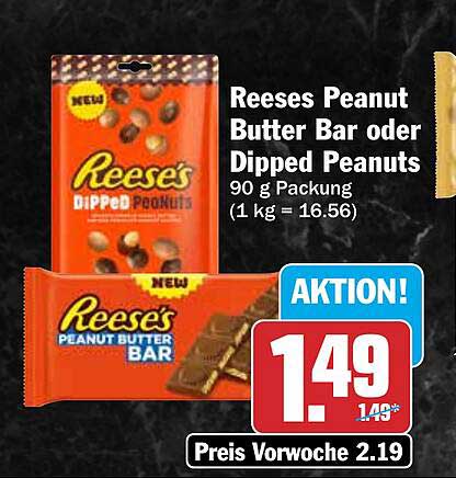 Reeses Peanut Butter Bar oder Dipped Peanuts 90 g Packung