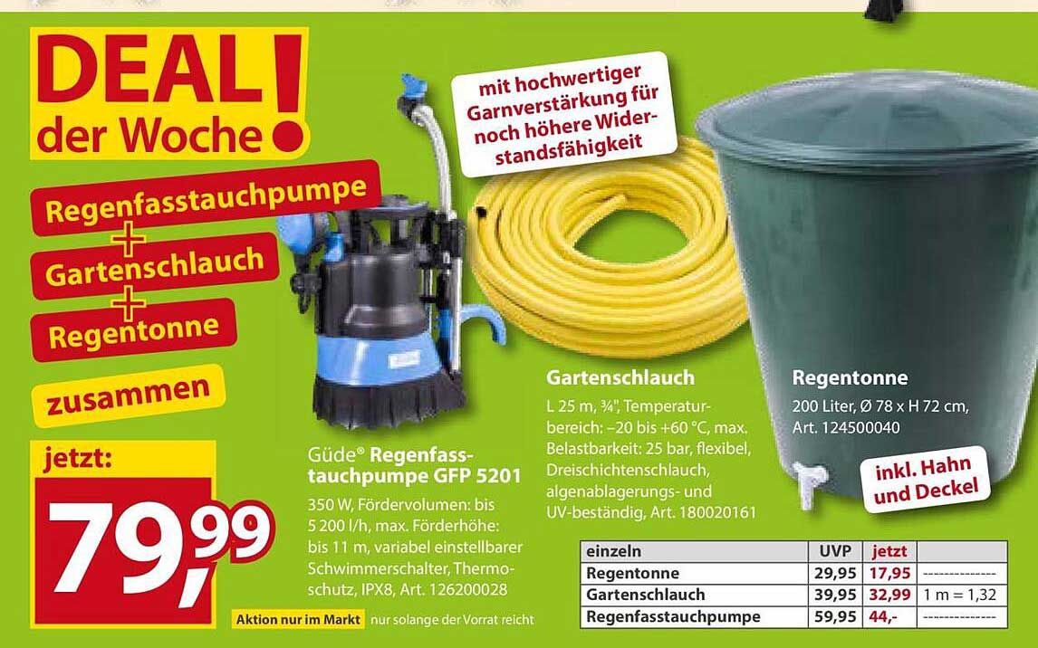 Regenfass­tauchpumpe + Gartenschlauch + Regentonne zusammen