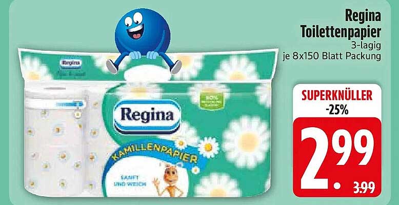 Regina Toilettenpapier 3-lagig je 8x150 Blatt Packung