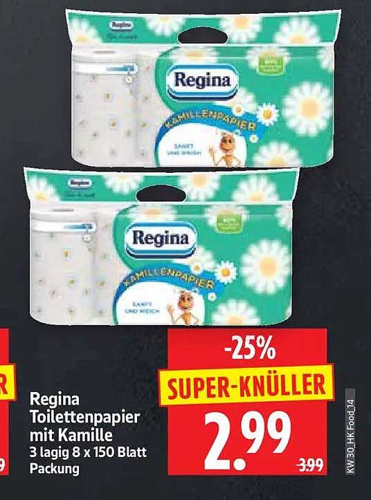 Regina Toilettenpapier mit Kamille 3 lagig 8 x 150 Blatt Packung