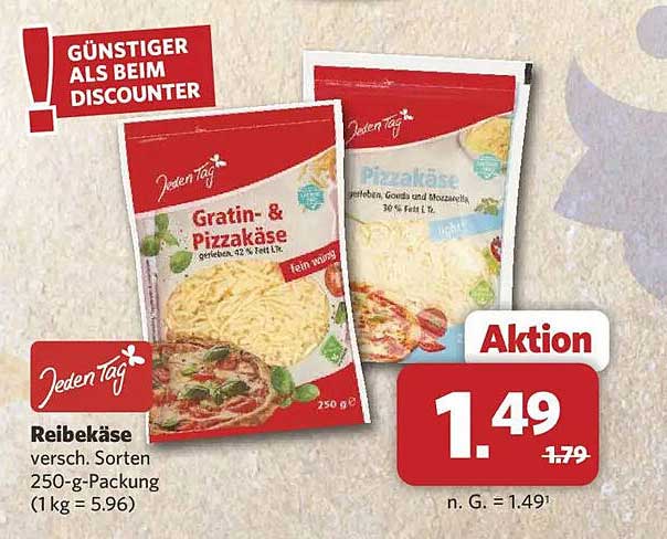 Reibekäse versch. Sorten 250-g-Packung (1 kg = 5.96)