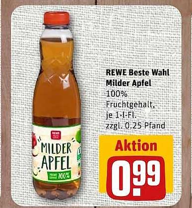 REWE Beste Wahl Milder Apfel 100% Fruchtgehalt, je 1 l-FI. zzgl. 0.25 Pfand