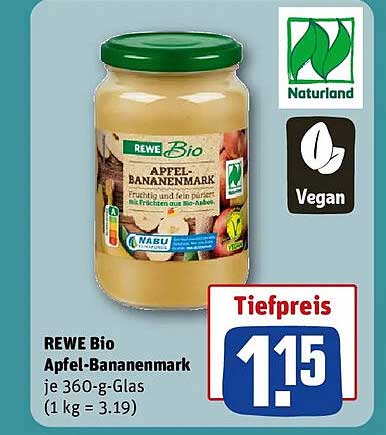 REWE Bio Apfel-Bananenmark je 360-g-Glas (1 kg = 3.19)