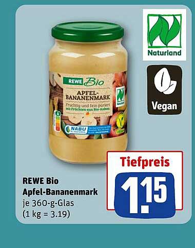 REWE Bio Apfel-Bananenmark je 360-g-Glas (1 kg = 3.19)