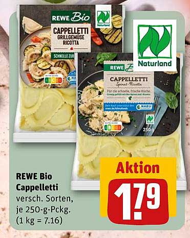 REWE Bio Cappelletti versch. Sorten, je 250-g-Packg. (1 kg = 7.16)