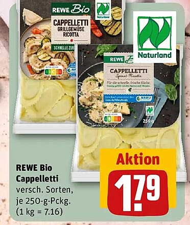 REWE Bio Cappelletti versch. Sorten, je 250-g-Pckg. (1 kg = 7.16)