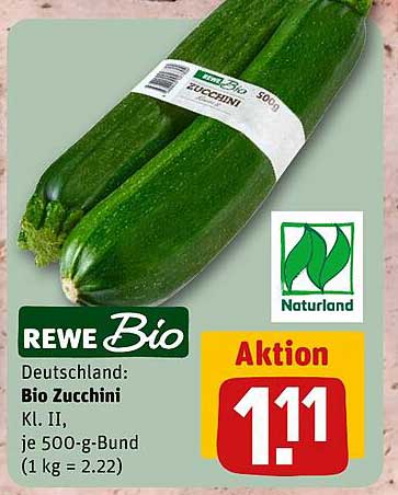 REWE Bio Deutschland: Bio Zucchini Kl. II, je 500-g-Bund (1 kg = 2.22)