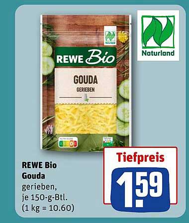 REWE Bio Gouda gerieben, je 150-g-Btl. (1 kg = 10.60)