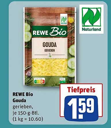REWE Bio Gouda gerieben, je 150-g-Btl. (1 kg = 10.60)