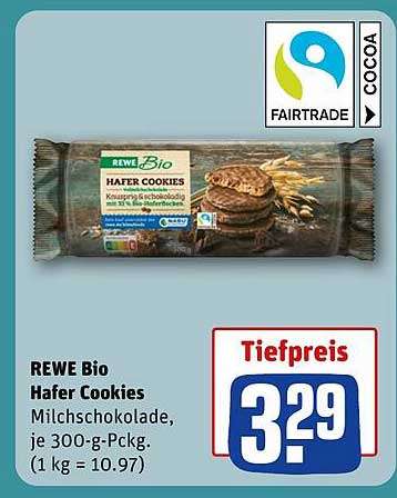 REWE Bio Hafer Cookies Milchschokolade, je 300-g-Packg. (1 kg = 10.97)