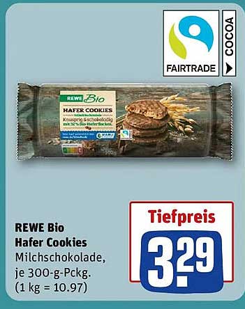 REWE Bio Hafer Cookies Milchschokolade, je 300-g-Pckg. (1 kg = 10.97)