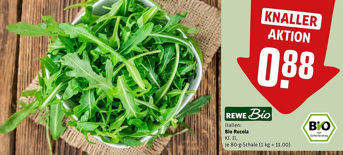 REWE Bio Italien: Bio Rucola Kl. II, je 80-g-Schale (1 kg = 11.00)