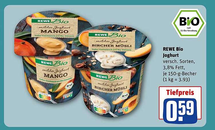 REWE Bio Joghurt versch. Sorten, 3,8% Fett, je 150-g-Becher (1 kg = 3.93)