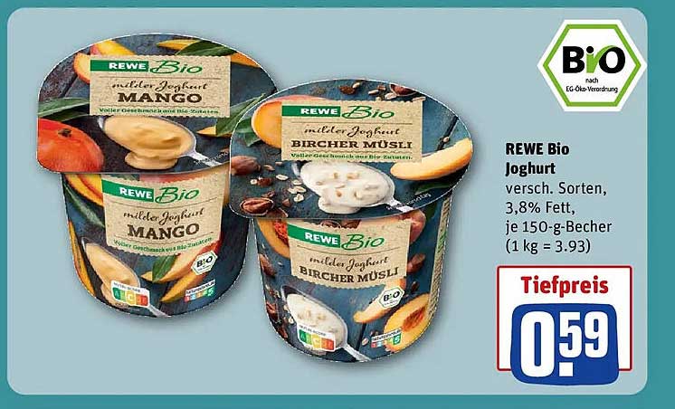 REWE Bio Joghurt versch. Sorten, 3,8% Fett, je 150-g-Becher (1 kg = 3.93)