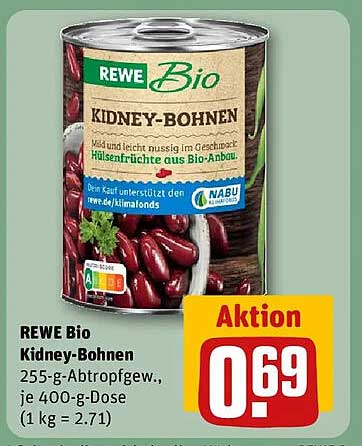 REWE Bio Kidney-Bohnen 255-g-Abtropfgew., je 4-gg-Dose (1 kg = 2.71)