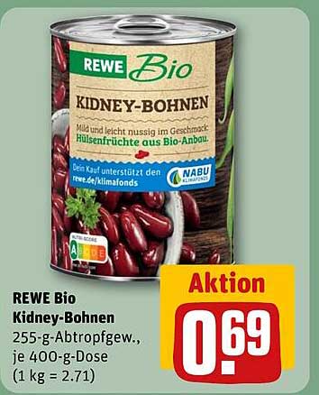 REWE Bio Kidney-Bohnen 255-g-Abtropfgew., je 400-g-Dose (1 kg = 2.71)