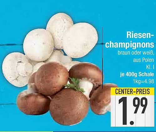 Riesen-champignons braun oder weiß, aus Polen, Kl. I, je 400g Schale