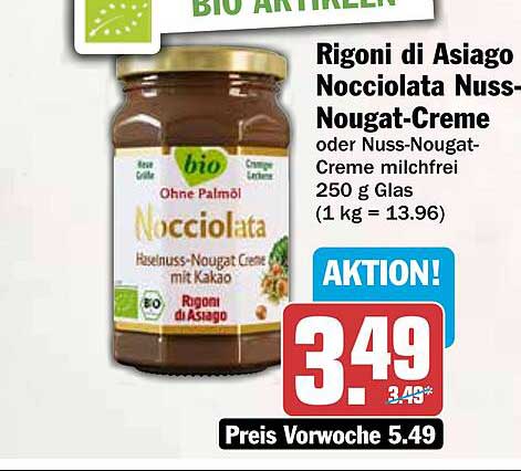Rigoni di Asiago Nocciolata Nuss-Nougat-Creme oder Nuss-Nougat-Creme milchfrei 250 g Glas (1 kg = 13.96)